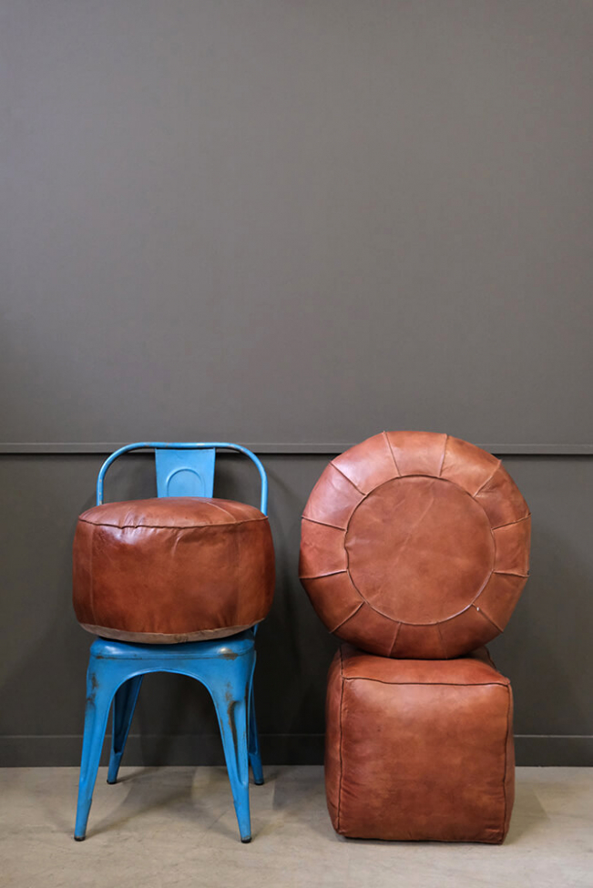 Bőr puff 'Olivia' Kerek - Barna