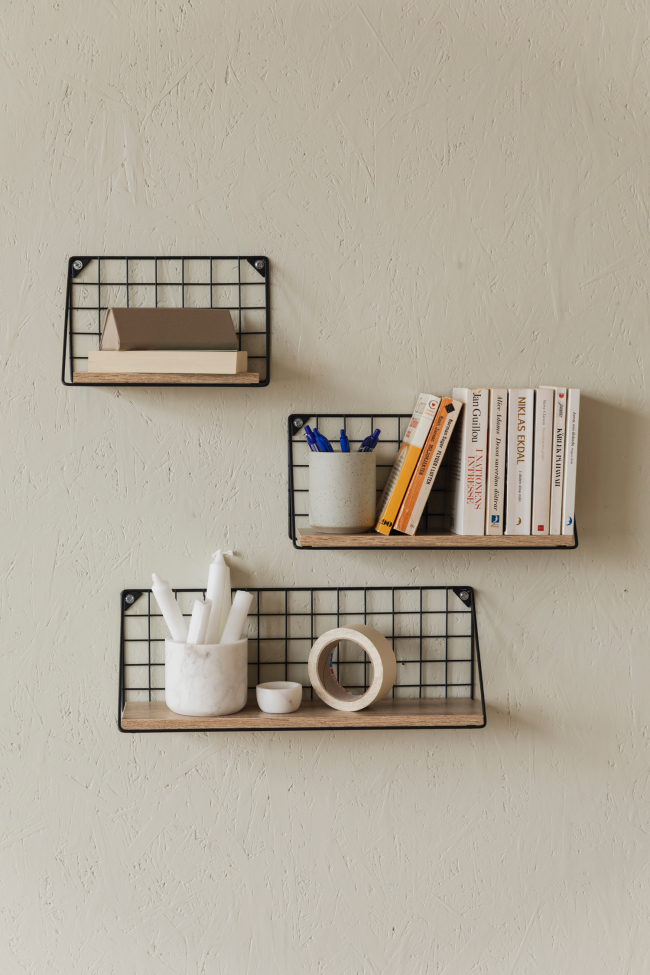 3 darab Net fali polc - Fekete/Natúr