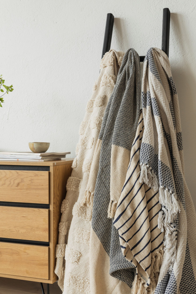 Takaró újrahasznosított pamutból 'Skiss' - Bézs/Kék